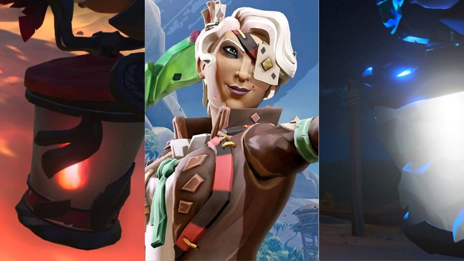 Feature image Sea of Thieves lanterns including Fallen Sea Dog Lantern, a female pirate, and the Frozen Horizon Lantern.