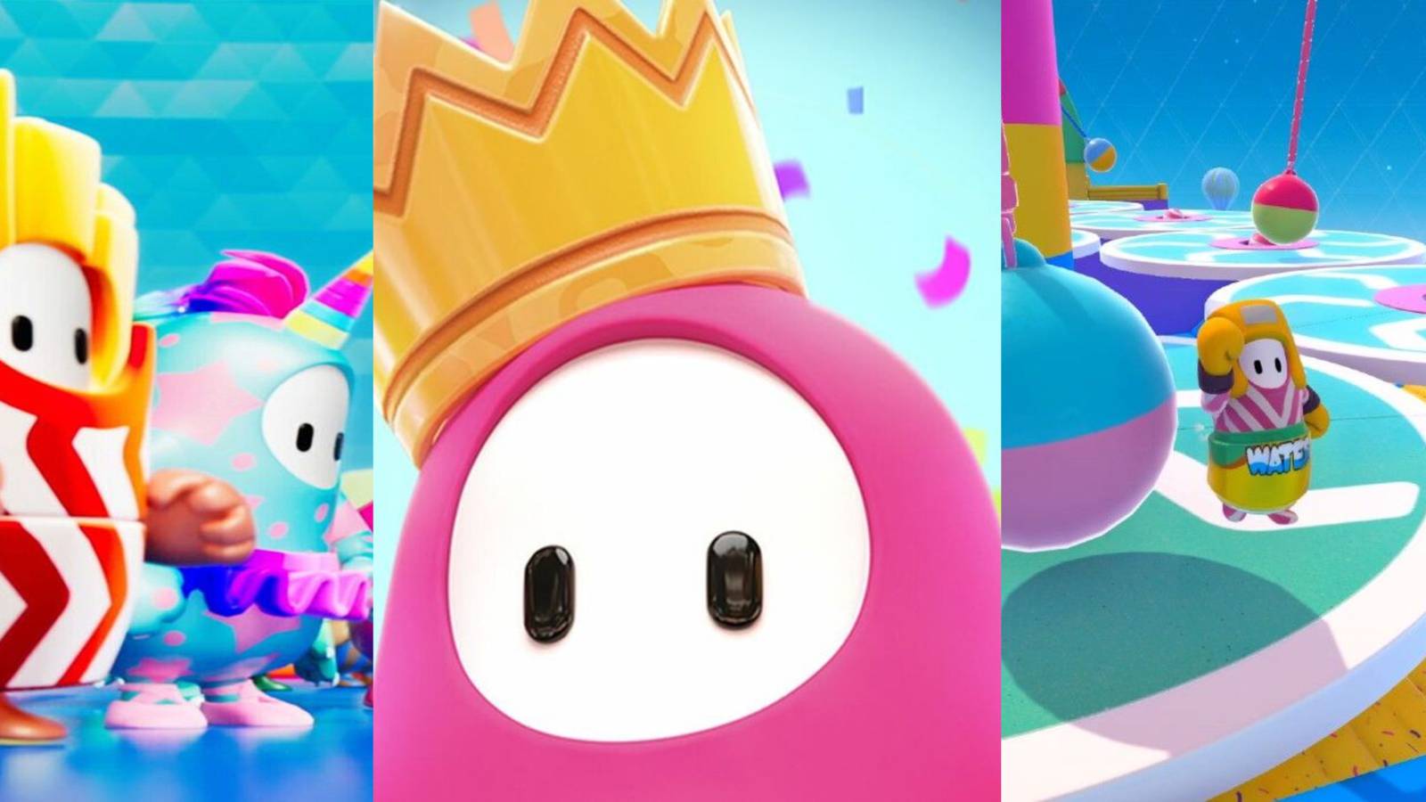 Beans At The Start Line, A Winning Crowned Bean, And a Jumping Bean In Fall Guys Ultimate Knockout