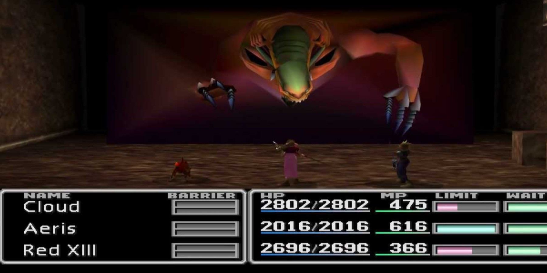Red XIII, Aerith, and Cloud battle Demons Gate in Final Fantasy 7
