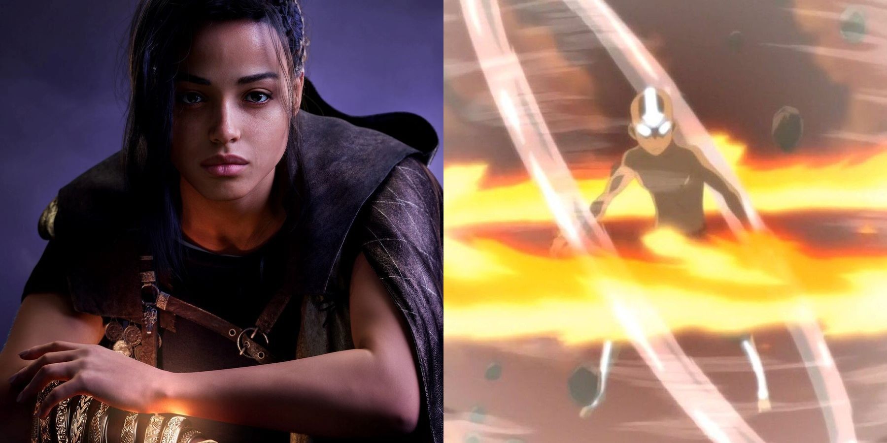 Forspoken's Frey Holland with Cuff and Avatar: The Last Air Bender's Aang in the Avatar State