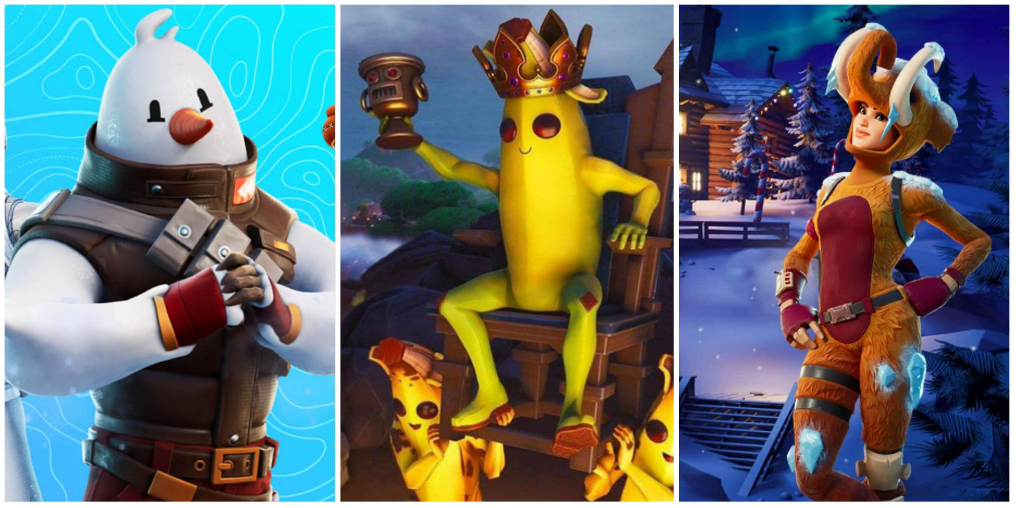 fortnite snowmando character, peely character on throne, wooly character winterfest featured
