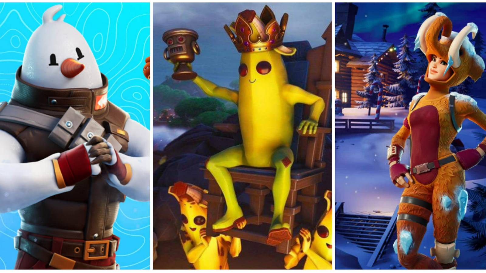 fortnite snowmando character, peely character on throne, wooly character winterfest featured