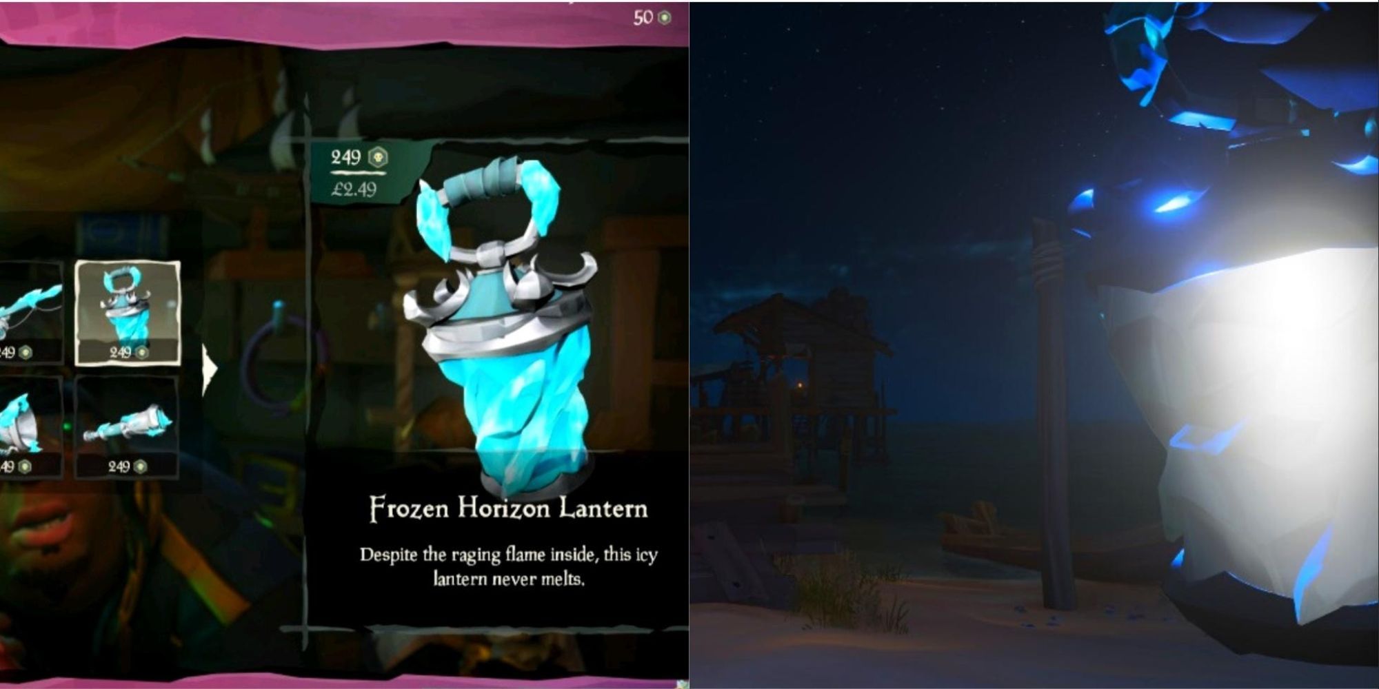 Two images of the Frozen Horizon Lantern in Sea of Thieves, from the equipment shop and in gameplay.