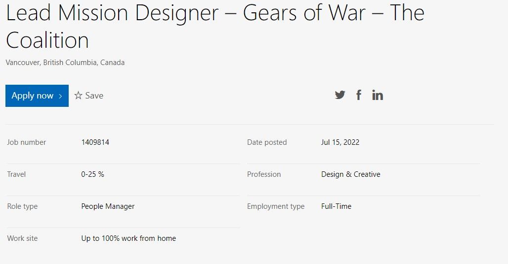 gears of war job listing