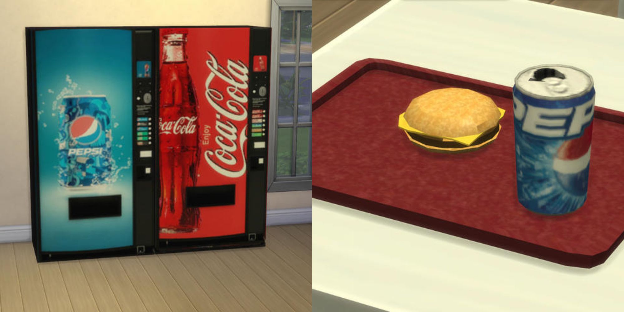 sims 4 cc featuring pepsi and coke vending machines and a food tray with a burger and pepsi can