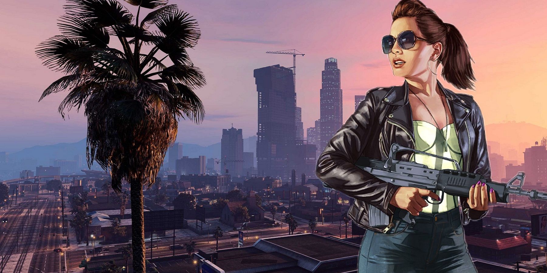 Image from a Grand Theft Auto city skyline showing a woman holding a gun.