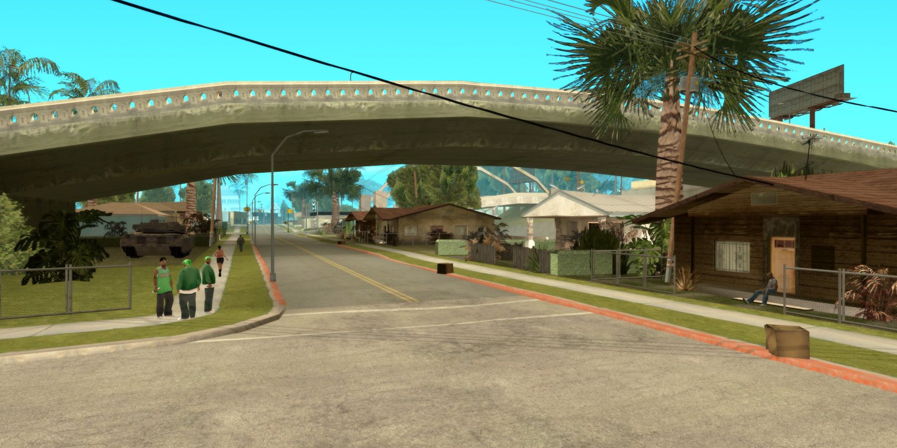 Изображение из увеличенной версии Grand Theft Auto: San Andreas, показывающее Гроув-стрит.