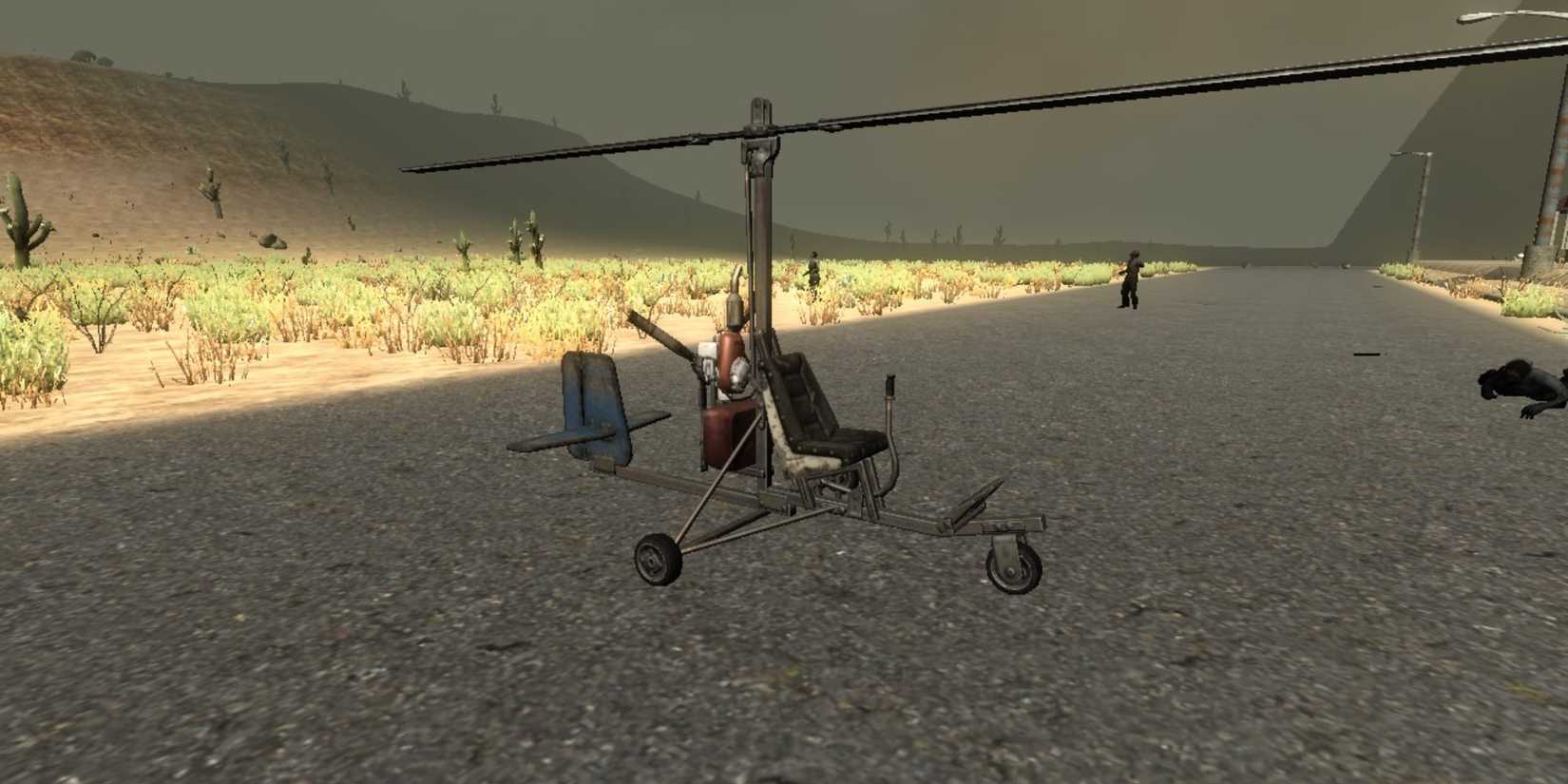 gyrocopter on ground in desert with zombies in the background in 7 Days to Die