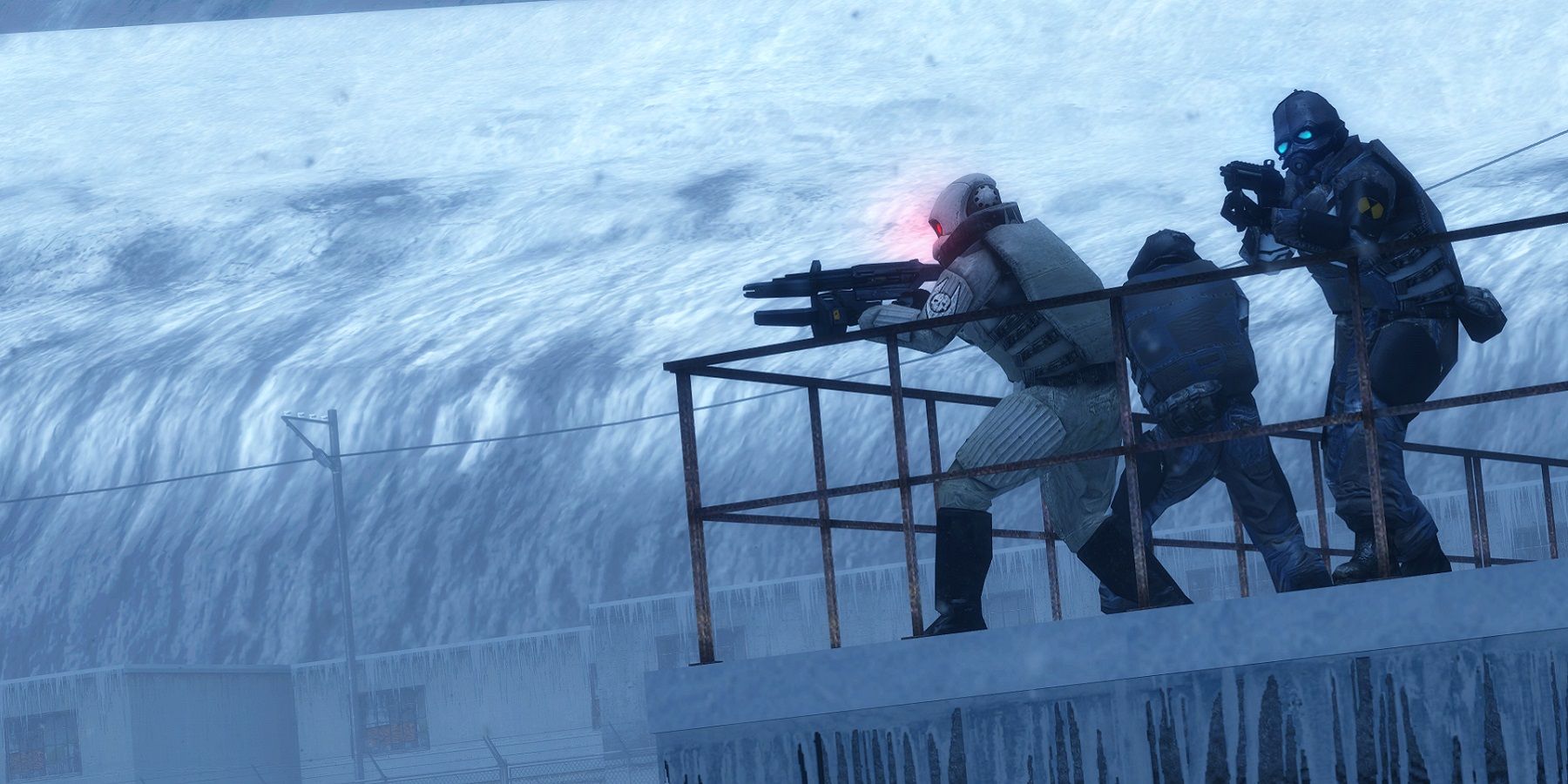 Image from Half-Life 2 showing a bunch of Combine soliders fighting in an icy tundra.