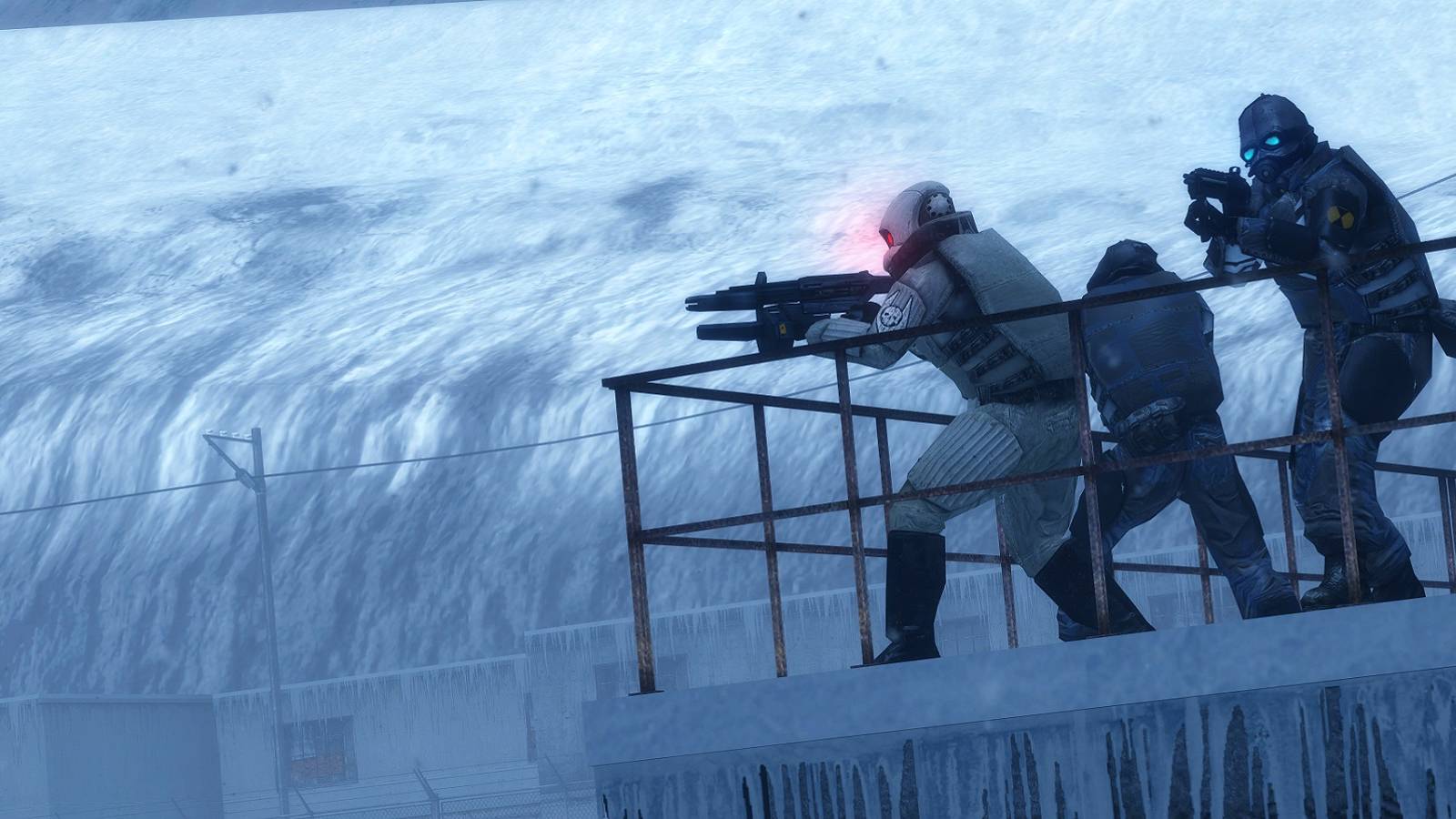 Image from Half-Life 2 showing a bunch of Combine soliders fighting in an icy tundra.