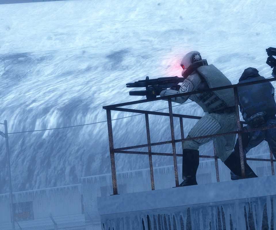 An image from Half-Life 2 showing a group of Combine soldiers fighting in the frozen tundra.