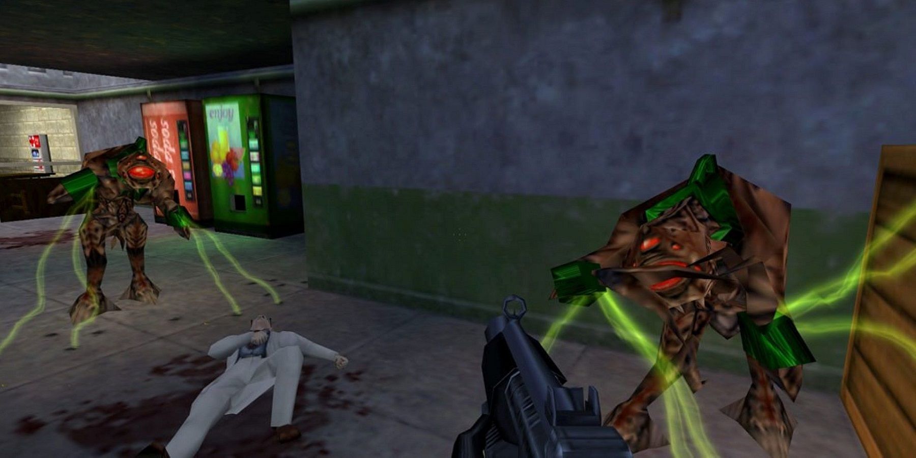 Screenshot from Half-Life showing a couple of vortigaunts about to attack the player.