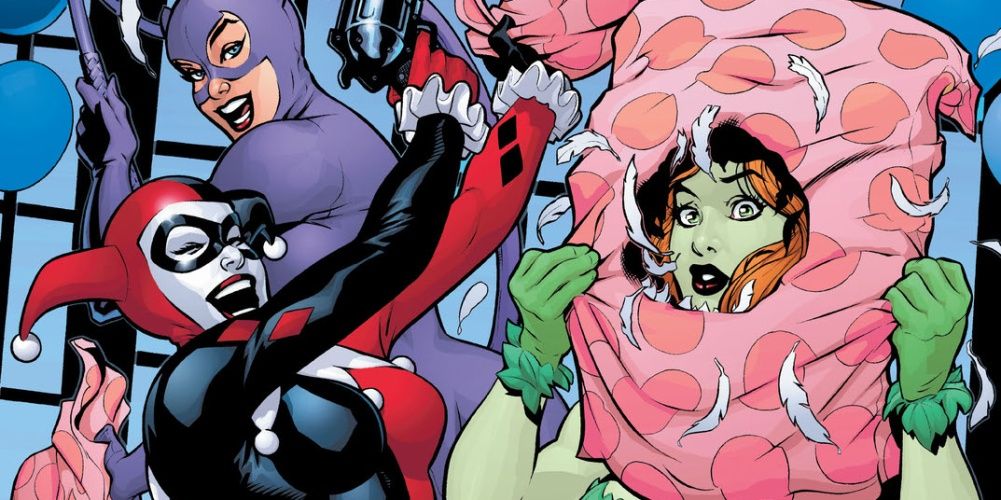 harley, catwoman and ivy in a pillow fight