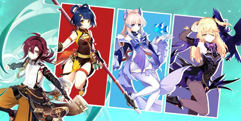 heizou, xiangling, kokomi, and fischl in genshin impact