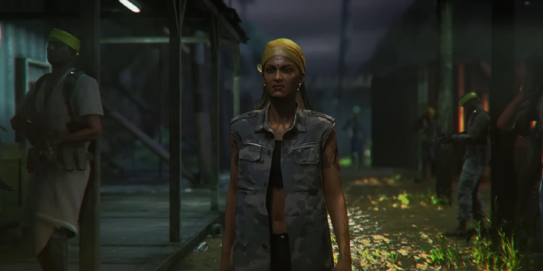 Image from the Hitman 3 Ambrose Island showing a female pirate wearing a bandana and denim jacket.