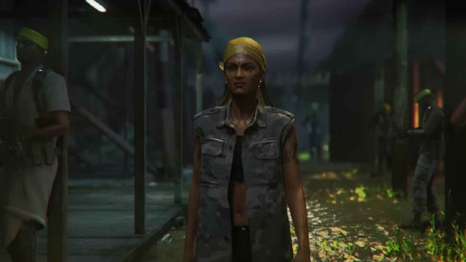 Image from the Hitman 3 Ambrose Island showing a female pirate wearing a bandana and denim jacket.