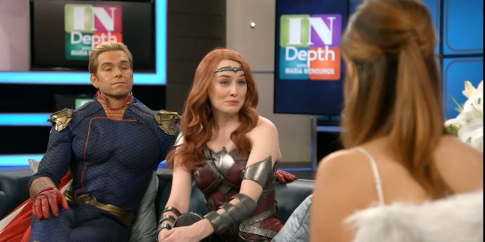 homelander and queen maeve on a talk show