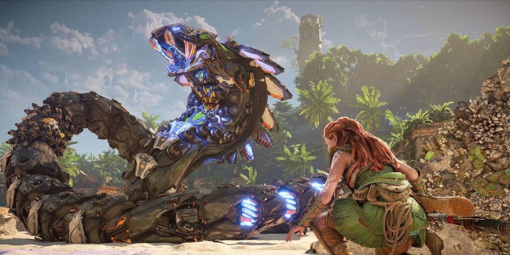 Aloy crouches near a snake-like robot