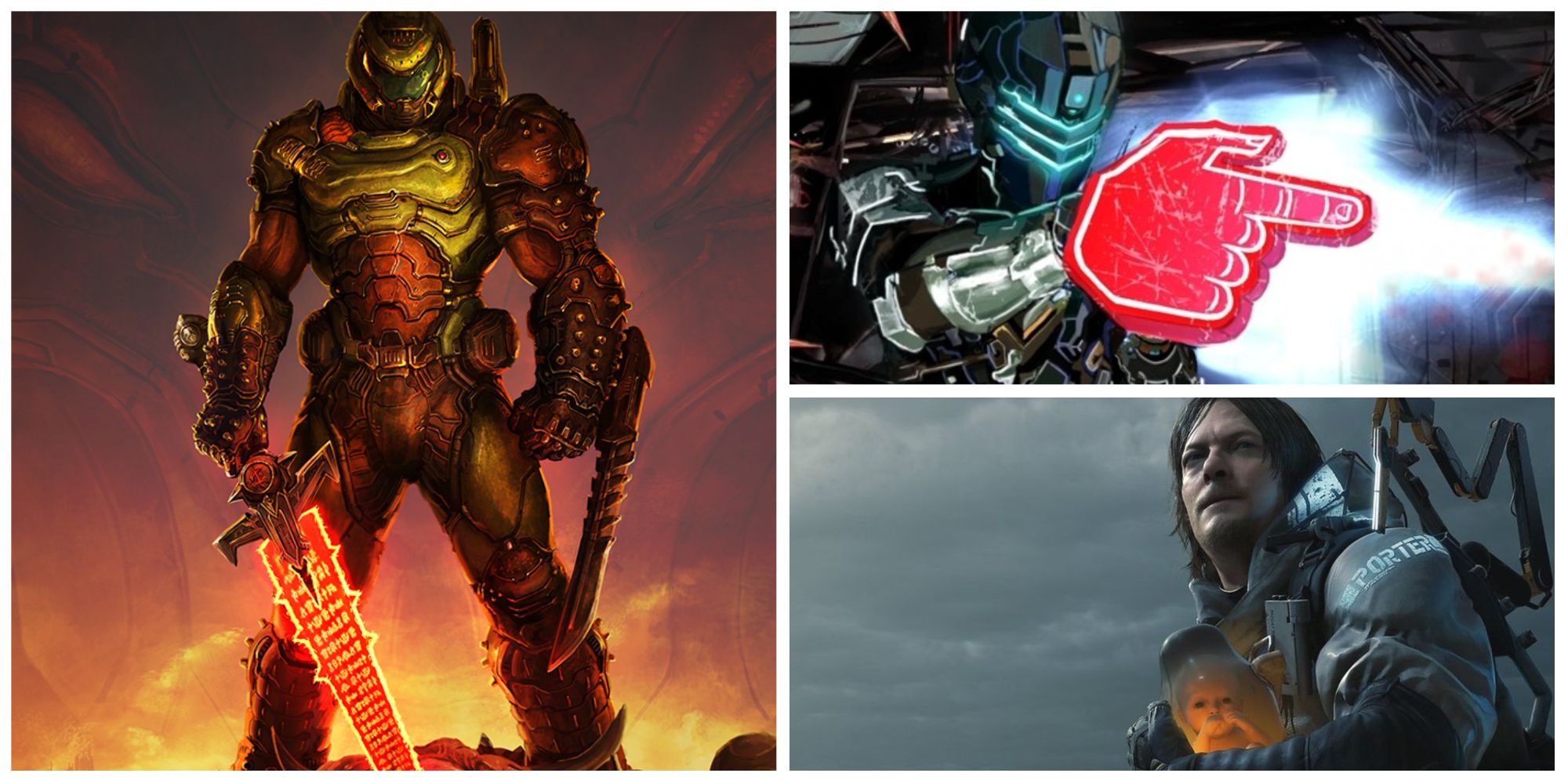 doom eternal, death stranding and dead space in a photo collage