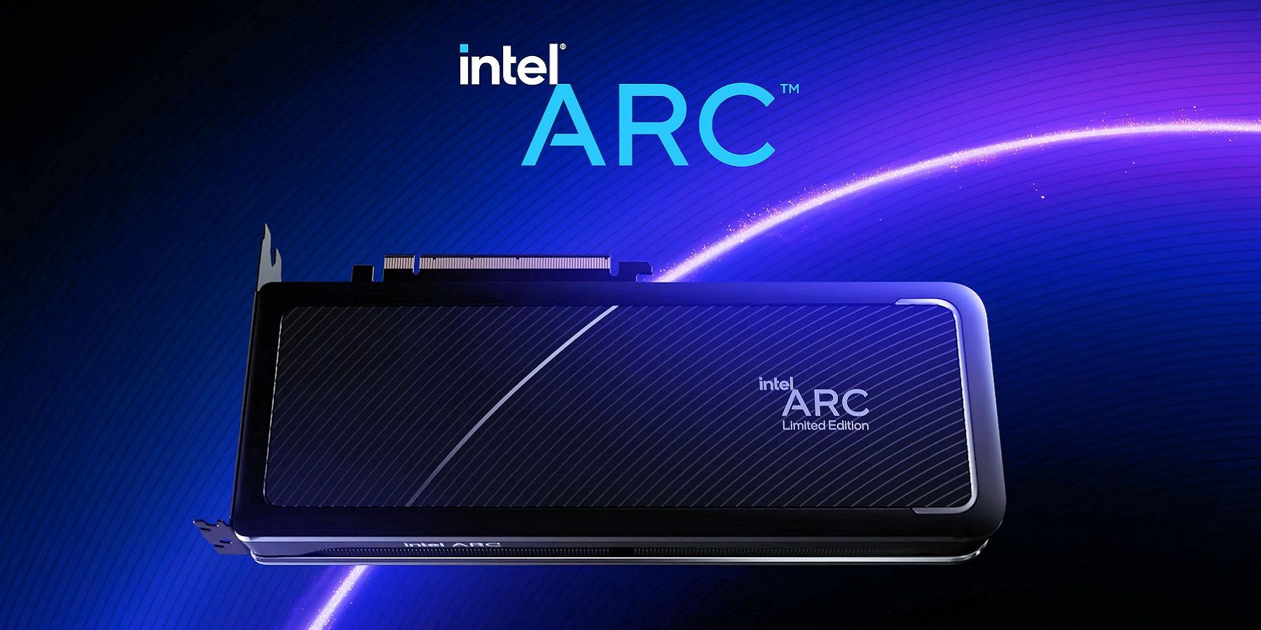 Изображение видеокарты Intel Arc на сине-фиолетовом фоне.