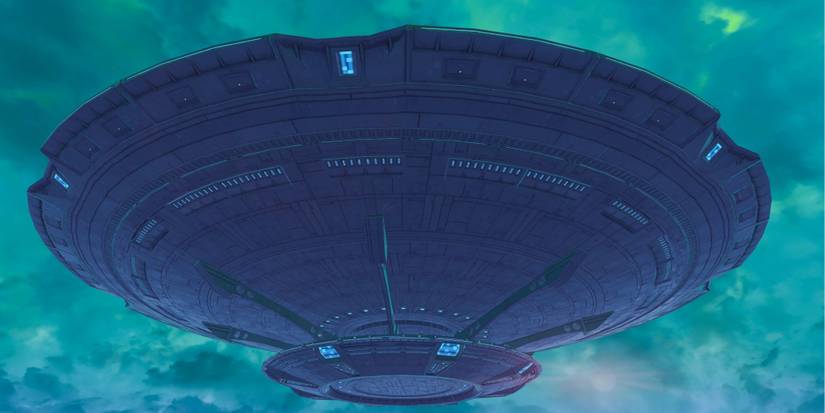 Alien spaceship in a blue sky in Fallout 76