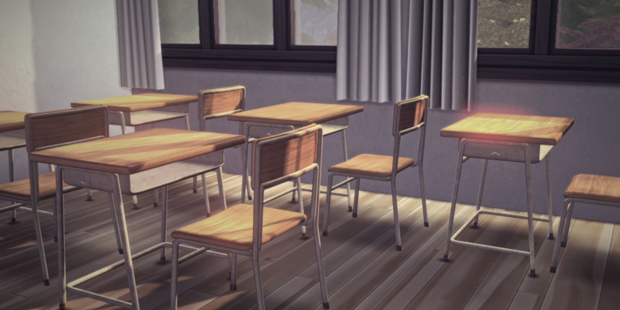 sims 4 cc set with Japanese style school desks and chairs