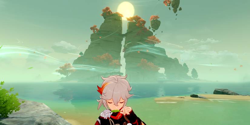kazuha smelling a leaf in genshin impact