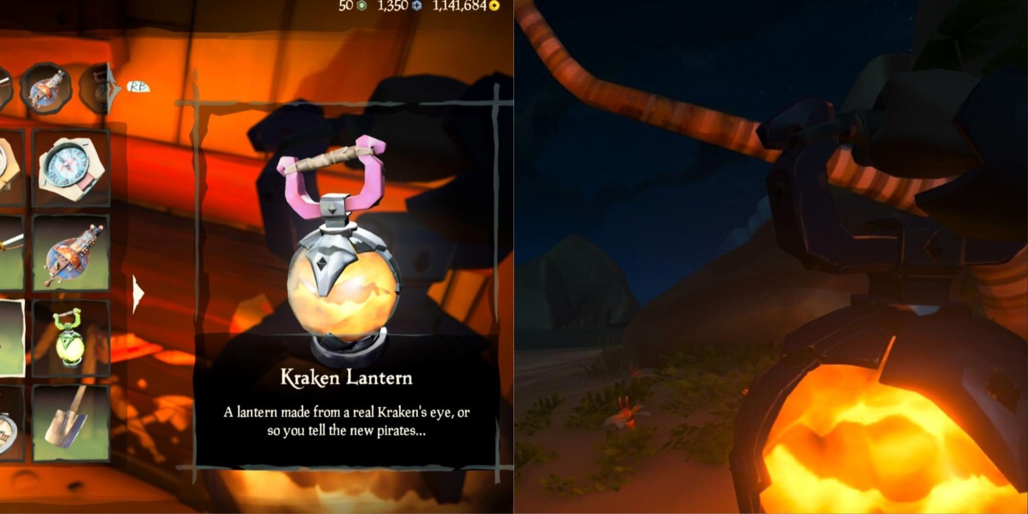 Two images of the Kraken Lantern in Sea of Thieves from the equipment shop and in gamplay