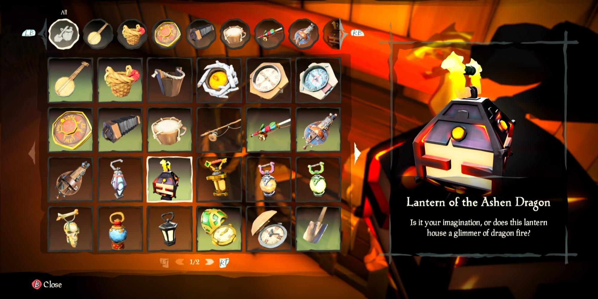 Ashen Dragon Lantern in the Sea of Thieves equipment menu.