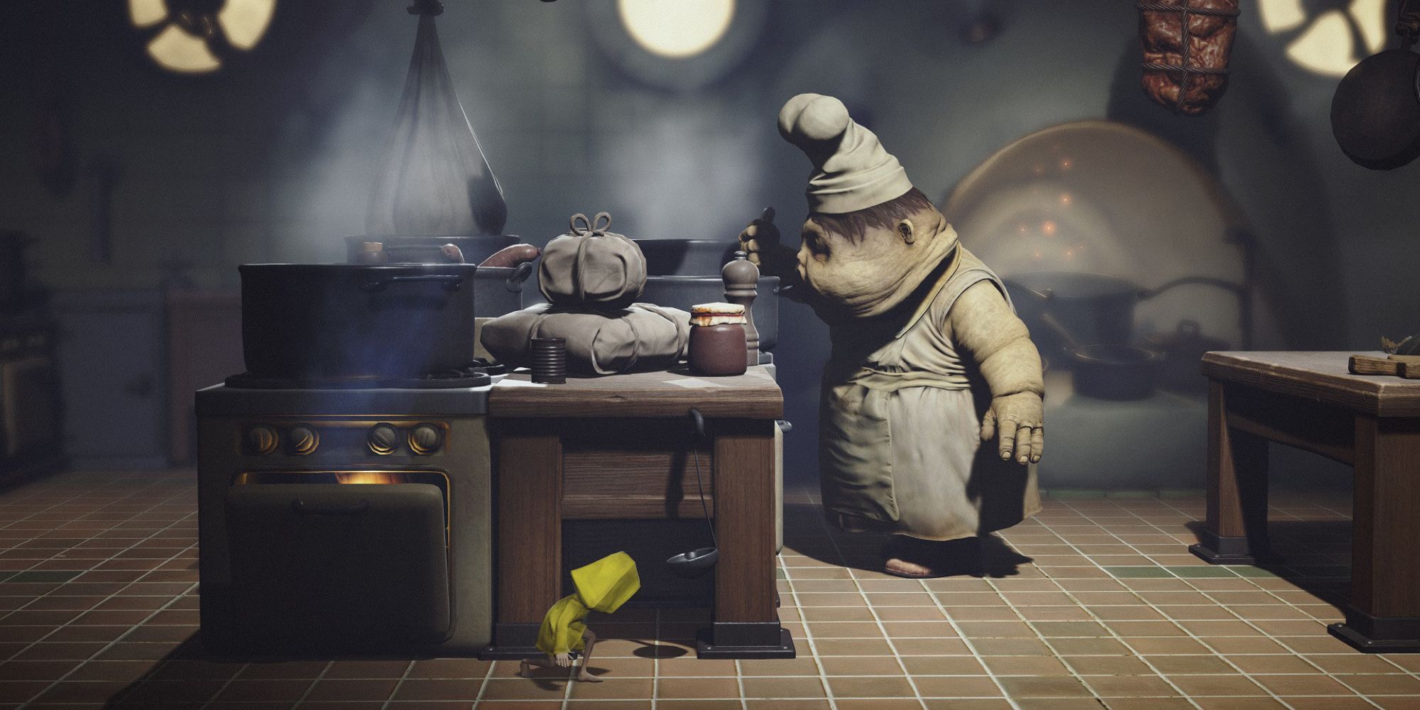 Six hiding behind a table from a chef in Little Nightmares