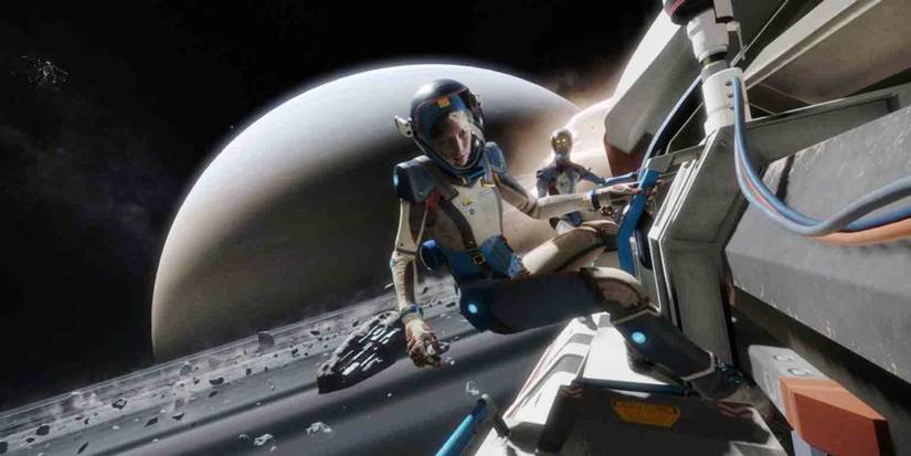 Lone Echo - Two astronauts hold onto the side of a space vessel with Saturn in the background 