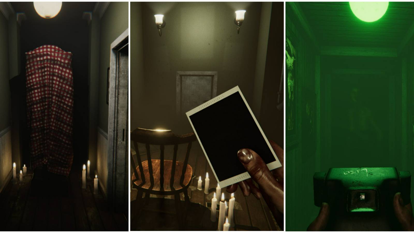 madison hallway with candles and blanket, character holding a photo near chair, taking picture of monster featured