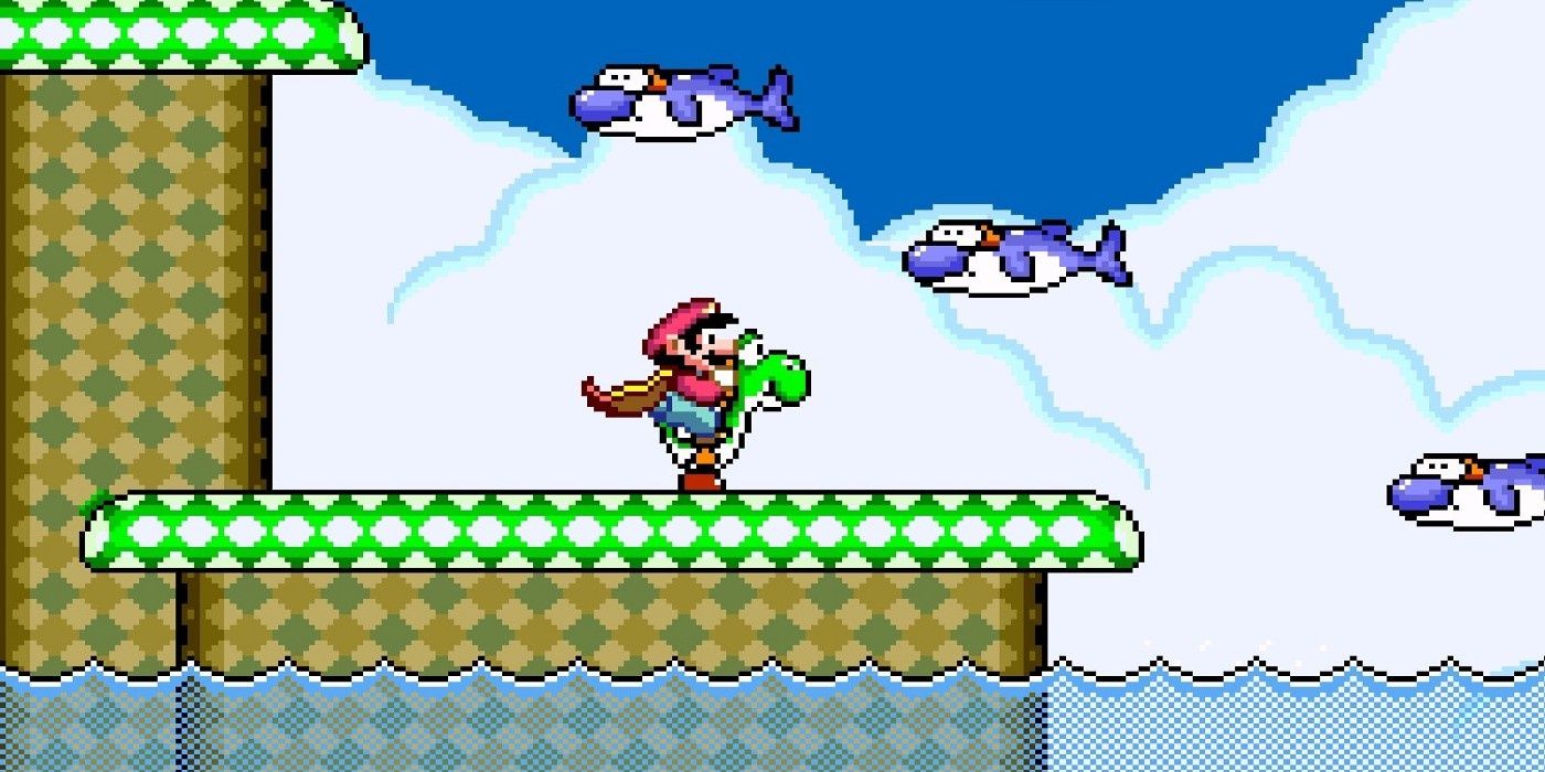 mario and yoshi with dolphins from super mario world