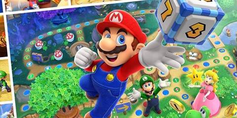 Mario leaping and reaching for dice in Mario Party Superstars