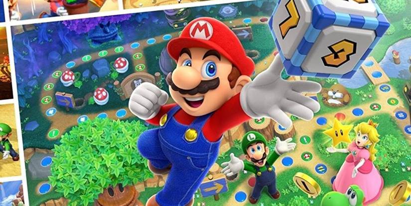 Mario leaping and reaching for dice in Mario Party Superstars