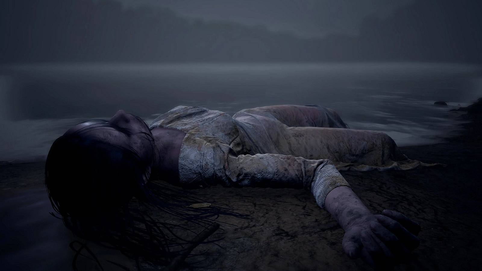 Image from Martha is Dead showing a dead woman washing up on the shore.