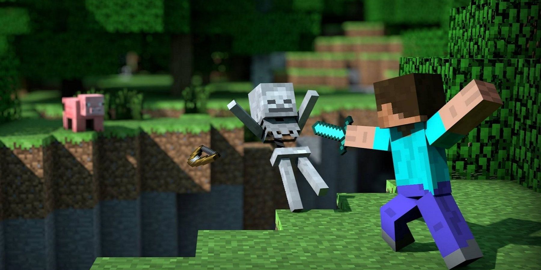 Image from Minecraft showing Steve sword fighting with a skeleton.