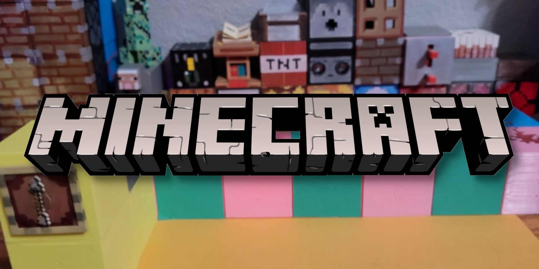The Minecraft logo in front of a series of 
