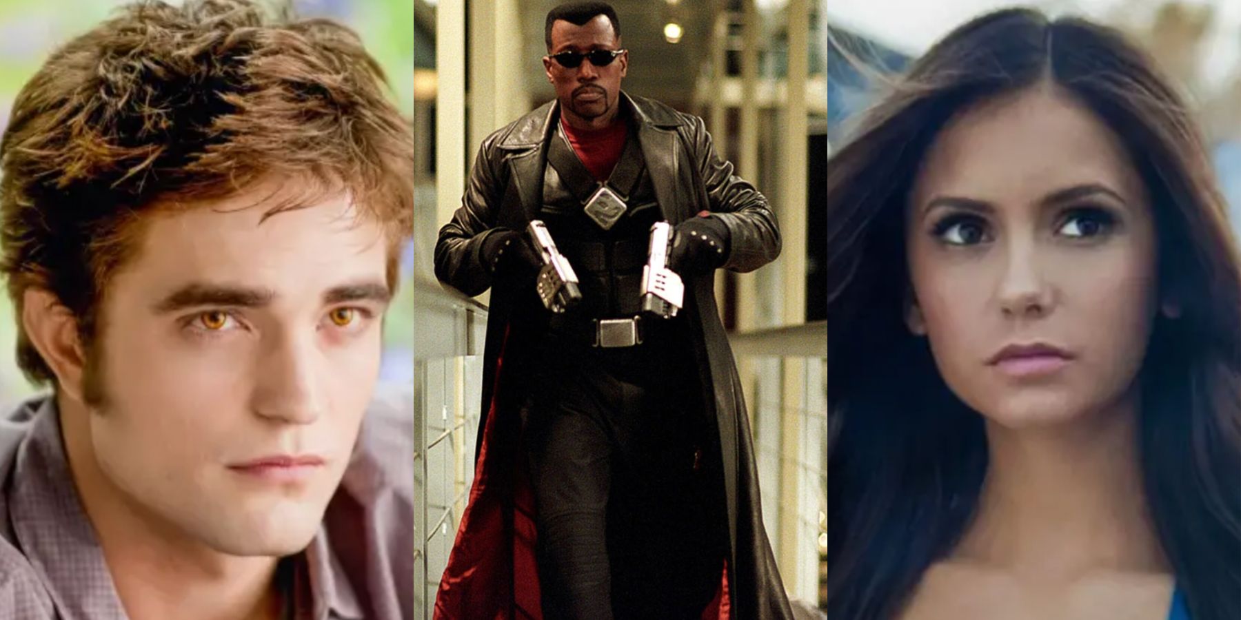 A split image features Twilight's Edward, Blade's Blade, and The Vampire Diaries' Elena