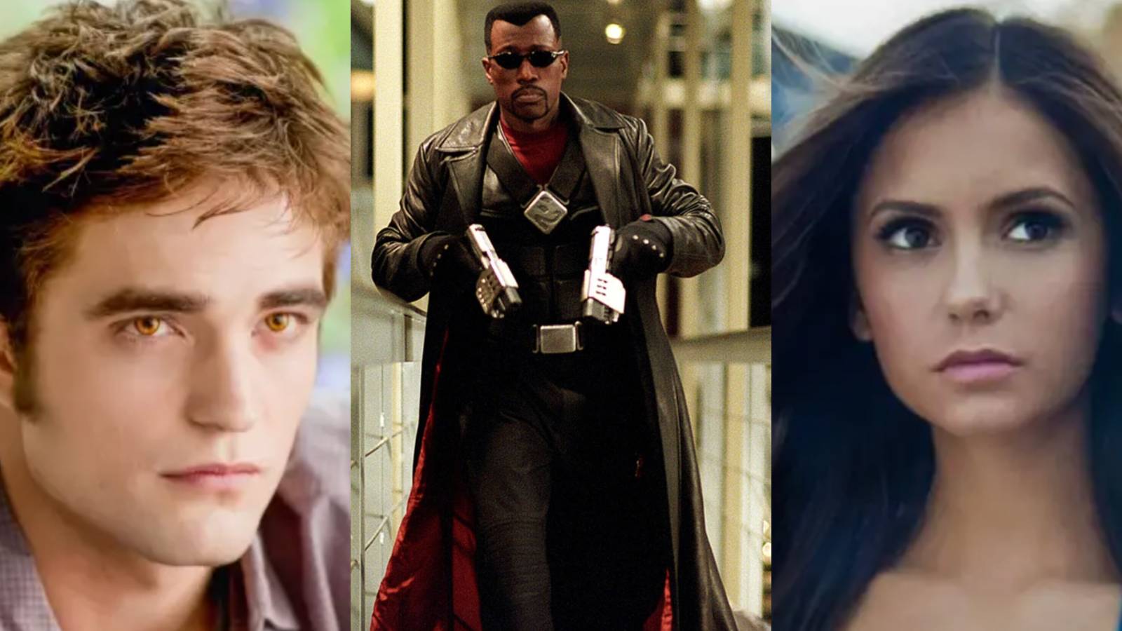 A split image features Twilight's Edward, Blade's Blade, and The Vampire Diaries' Elena