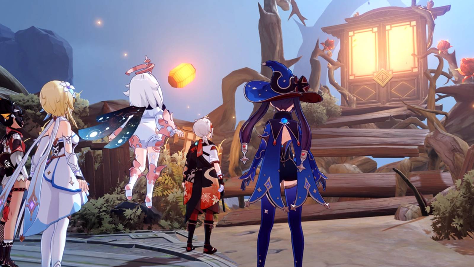 mona, traveler, xinyan, and kazuha in genshin impact