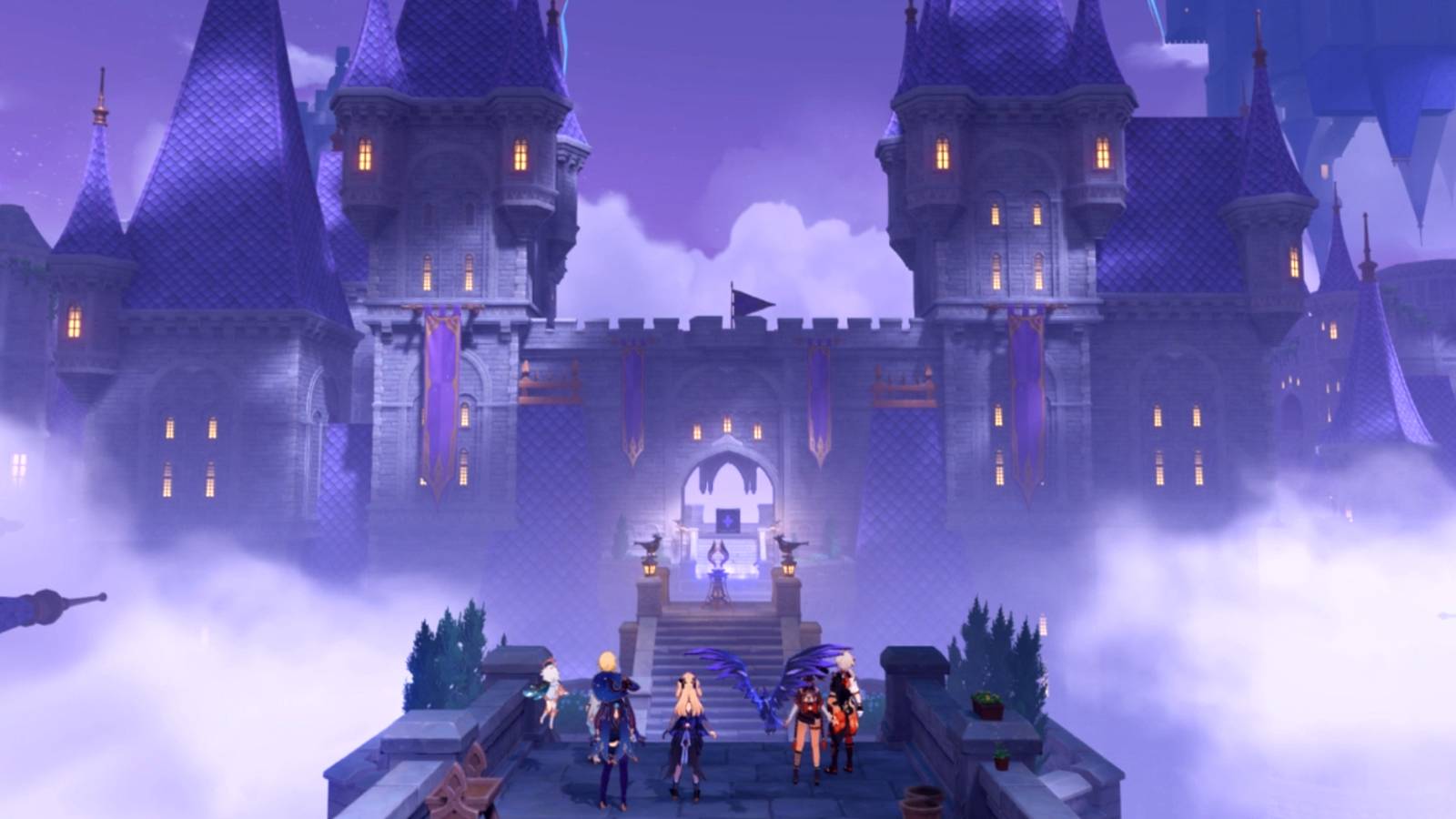 mona,fischl, kazuha, xinyan and traveler in genshin impact