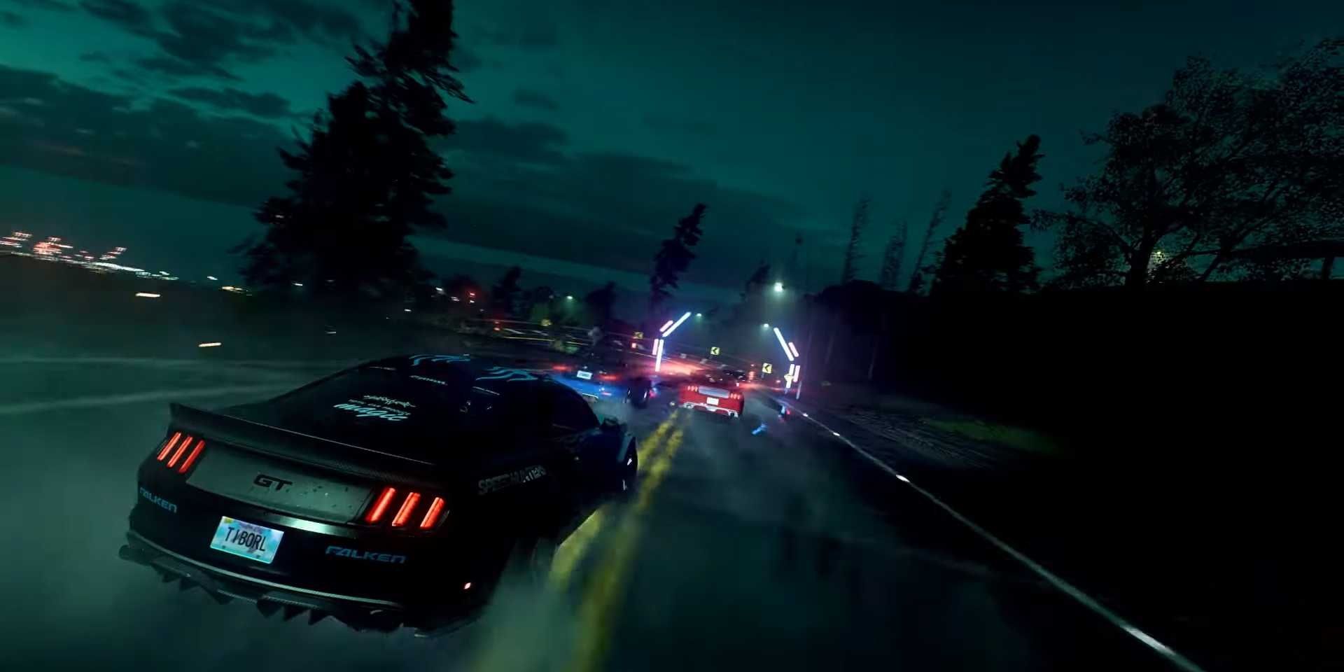 need for speed heat mustang racing at night with other car on the road 