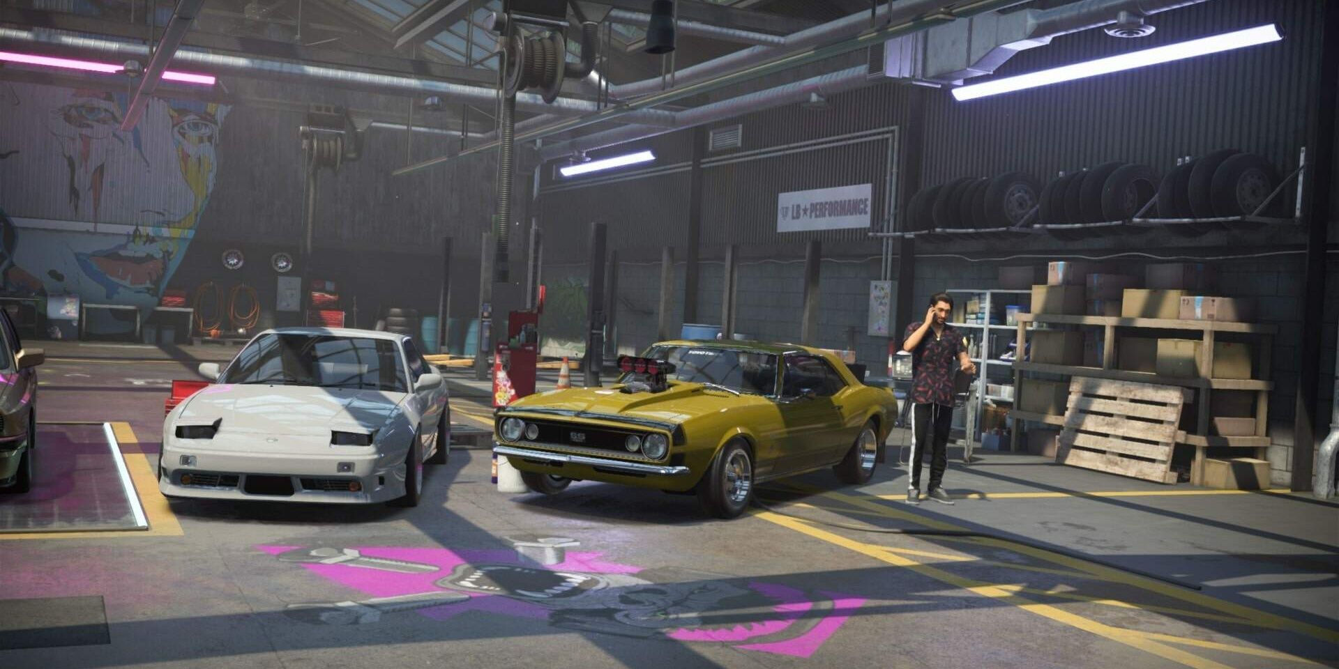 need for speed heat player in character in garage with all their cars 