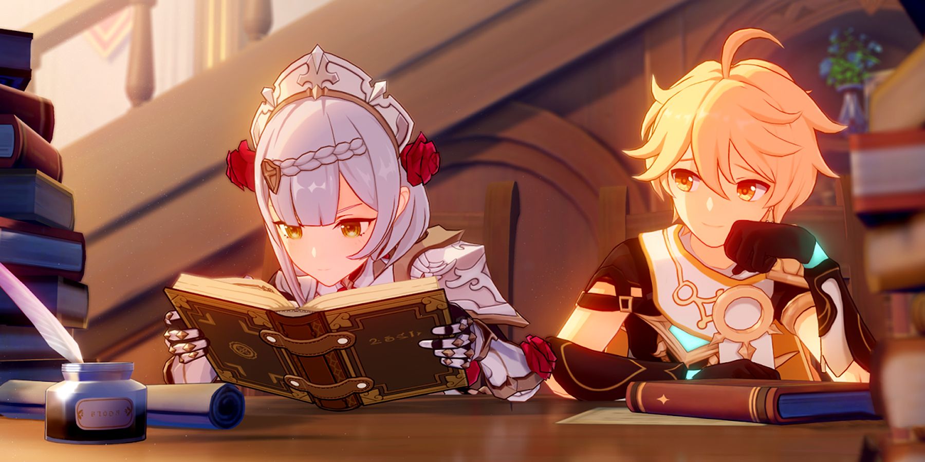 noelle and traveler studying in genshin impact