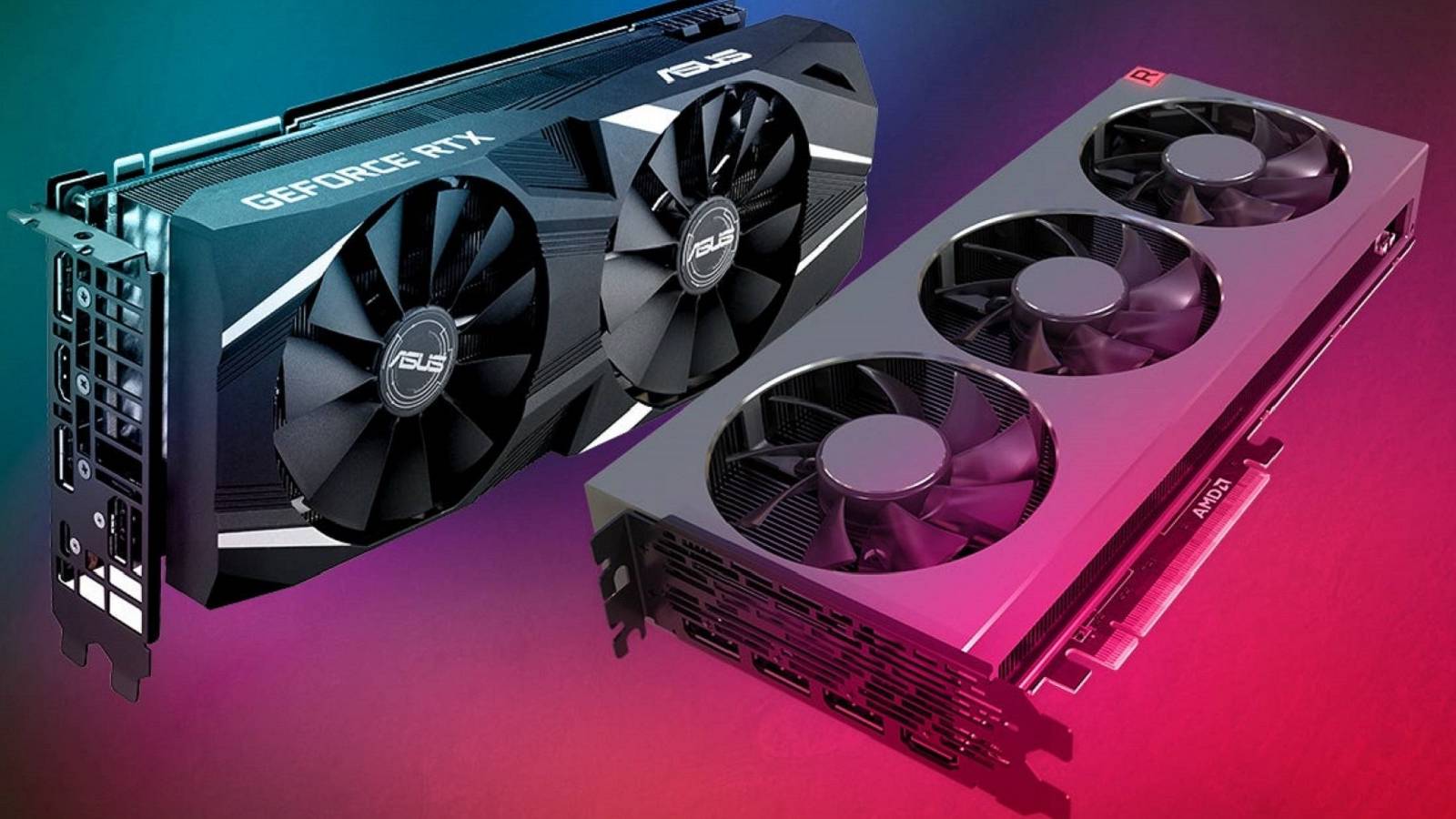 Photo of an Nvidia RTX and AMD RX graphics card on a brightly colored background.