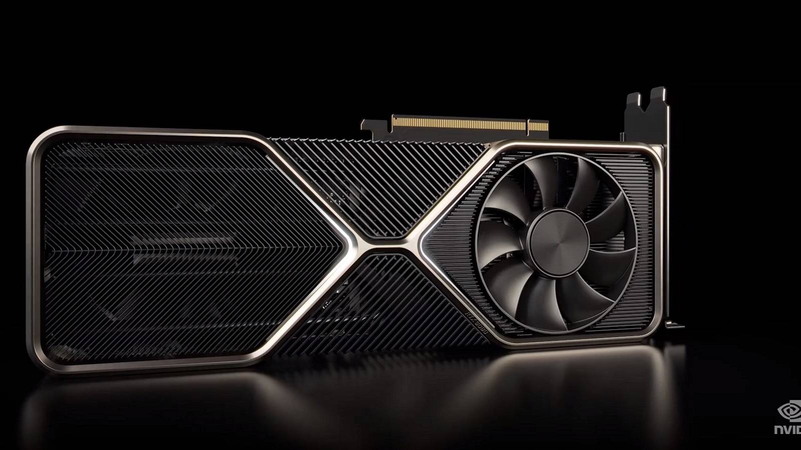 Photo of an Nvidia RTX graphics card on a black background.