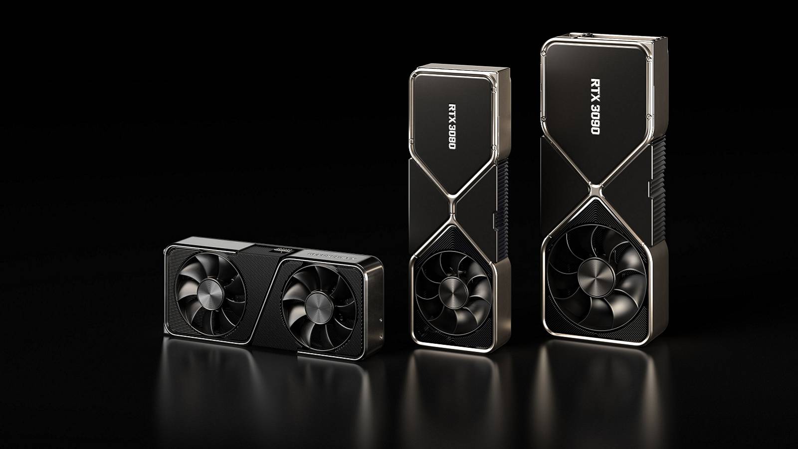 Image of a some high-end Nvidia RTX graphics cards on a black background.