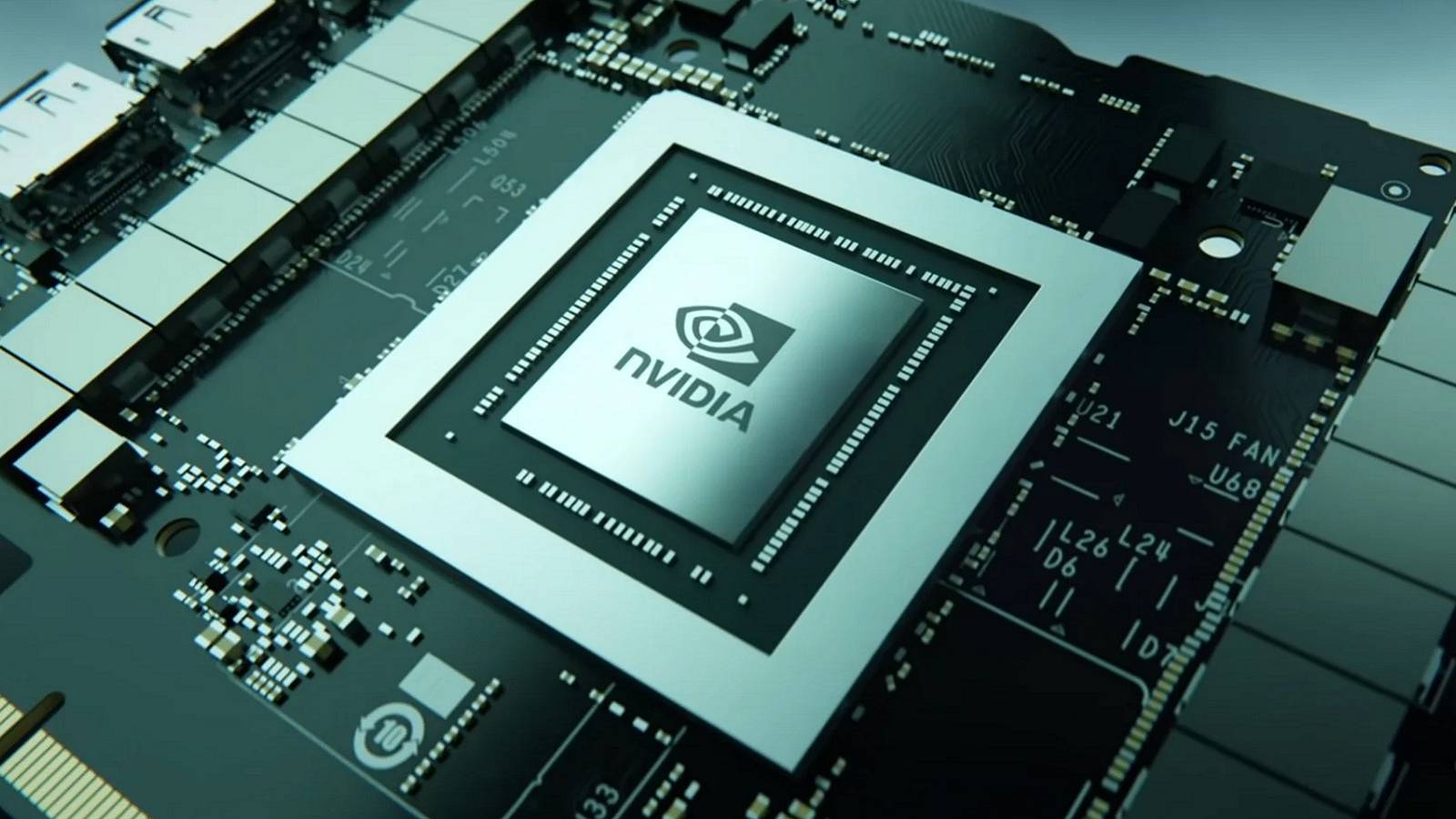 Image of an Nvidia chip on a motherboard.