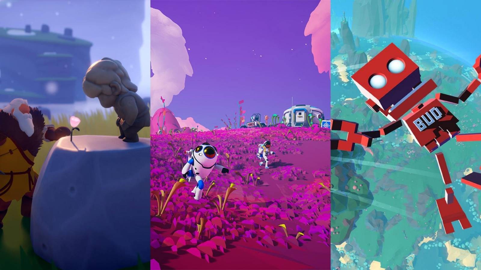 old men and creature in Arise A Simple Story , astronauts in Astroneer, B.U.D in Grow Up